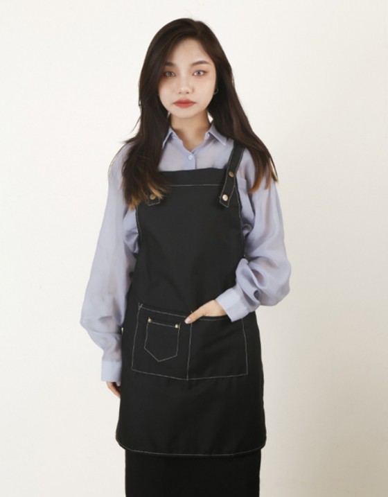|預購| 滌綿帆布背帶式雙口袋(兩釦)圍裙-黑色