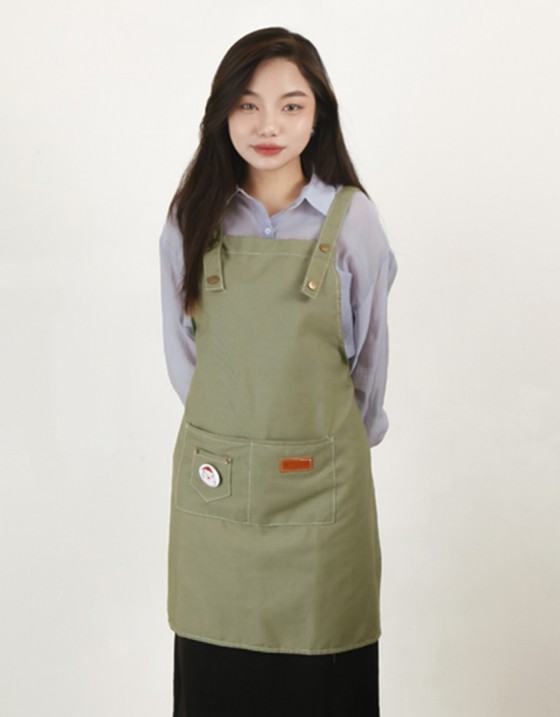 滌綿帆布背帶式雙口袋(兩釦)圍裙-草綠