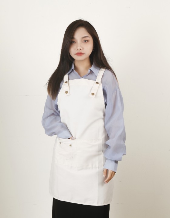 滌綿帆布背帶式雙口袋(兩釦)圍裙-米白
