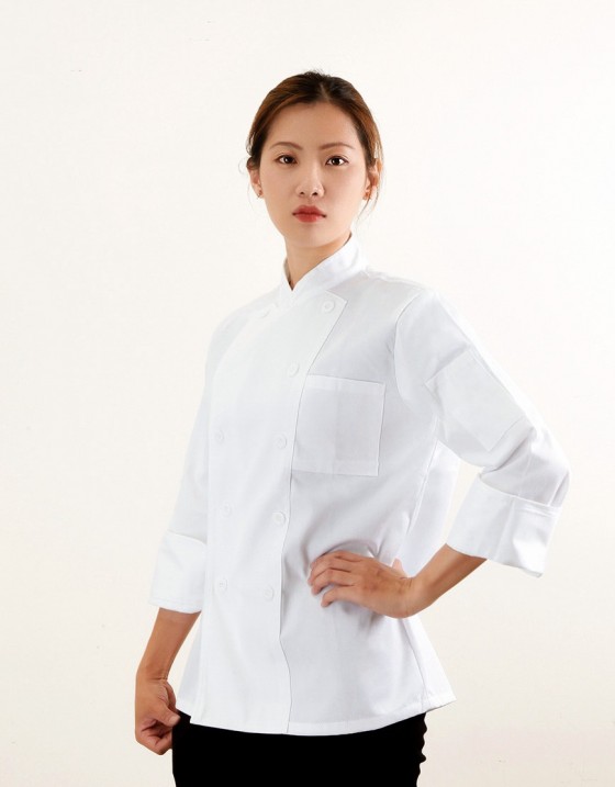 長袖立領雙排扣廚師服-白色
