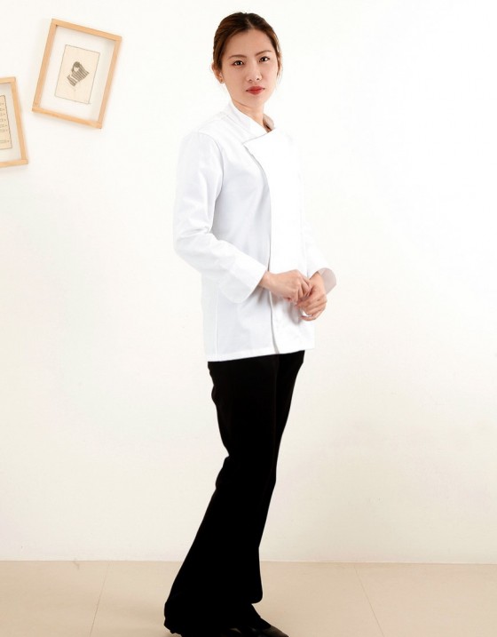 白色長袖單扣廚師服